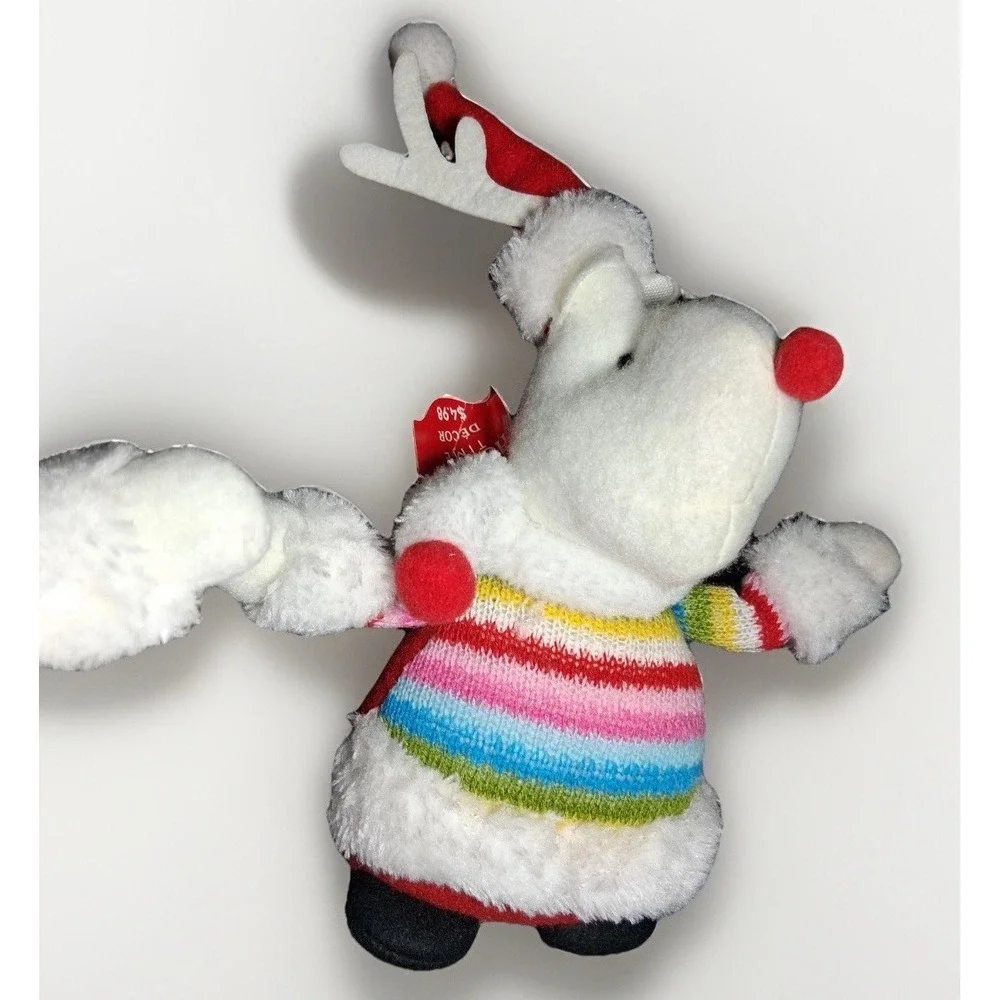 Holiday Time Rainbow Sweater Reindeer Plush Christmas Decor Set of 2 White Red